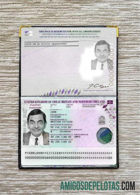 Visual fotográfico do passaporte do Reino Unido (presente em 2020) amostra